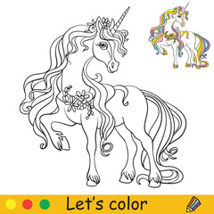 Cute elegant unicorn with flowers. Coloring book page with colorful template. Vector cartoon illustration isolated on white background. For coloring book, preschool education, print and game.
