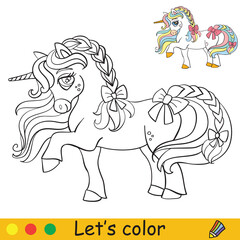 Cute unicorn with ribbons. Coloring book page with colorful template. Vector cartoon illustration isolated on white background. For coloring book, preschool education, print and game.