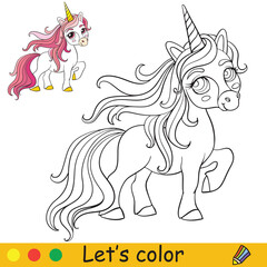 Cute unicorn with pink long mane. Coloring book page with colorful template. Vector cartoon illustration isolated on white background. For coloring book, preschool education, print and game.