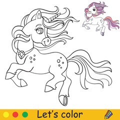 Cute running unicorn with long mane. Coloring book page with colorful template. Vector cartoon illustration isolated on white background. For coloring book, preschool education, print and game.
