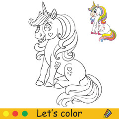 Cute sitting unicorn with long mane. Coloring book page with colorful template. Vector cartoon illustration isolated on white background. For coloring book, preschool education, print and game.