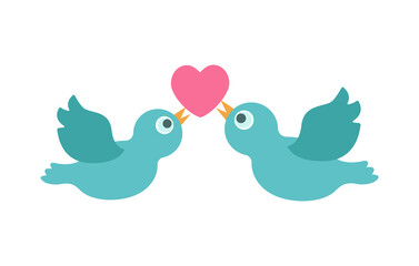 Love birds with red heart. Valentine's Day. Romantic vector illustration in flat style isolated on white background.  