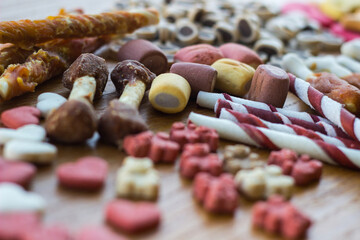 Pet food, snacks for dogs. Dog tasty colored biscuits on wooden background