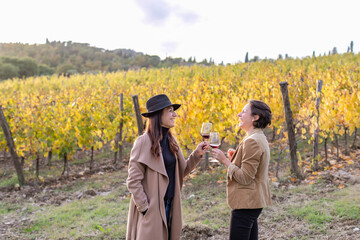 Cheerful female colleagues toasting wineglass while standing in vineyard during autumn