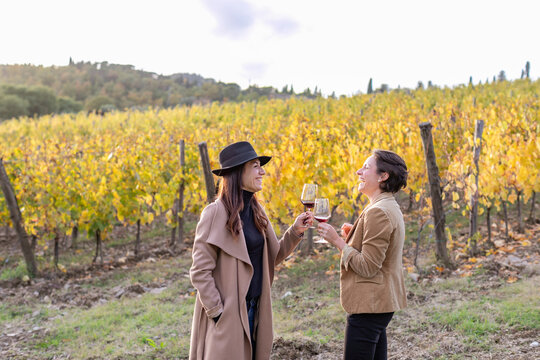Cheerful female colleagues toasting wineglass while standing in vineyard during autumn - Powered by Adobe
