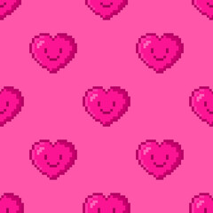 Vector seamless Valentine's Day pattern on pink background for wrapping paper. Wallpaper with 8-bit pixel art heart emoji