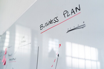 Business plan charts on office whiteboard