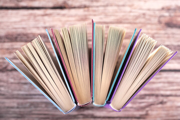 Pile of the books on the table. Wisdom of the world hidden in the book. Education. Studying. 