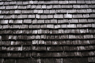 close up of old wooden thatch roof tiles