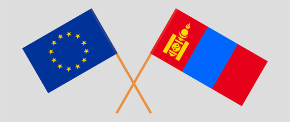 Crossed flags of the European Union and Mongolia
