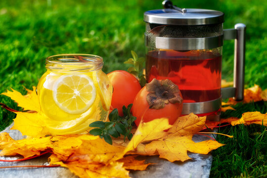 Jar of home made lemo lemonade and jug of tea with persimone fruit and maple leafs against grass on stone slate.