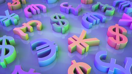 A colorful illustration on financial topics. Multicolored currency icons.