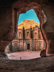 A view through a rocky windows of a Ruin in Petra.