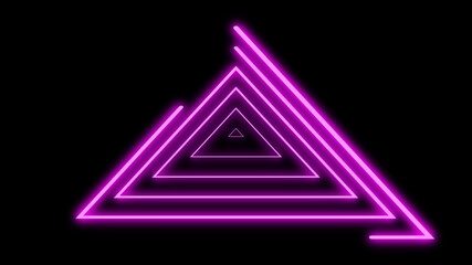 Neon lines triangles shape full loop. Purple colored bright lines on black background.