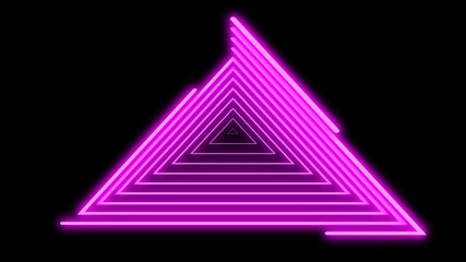 Neon lines triangles shape full loop. Purple colored bright lines on black background.