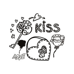 Isolated elements on a white background. Key, lock, rose, hearts. Vector. Doodle. The inscription is made by hand. St. Valentine's Day. Suitable for a themed holiday, cards and invitations.