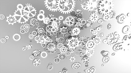 Metallic gears at grey background. Decorative frame. Abstract seamless grey surface. 3D rendering.