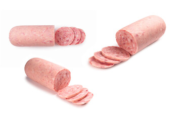 Boiled sausage isolated on white background. Slices.