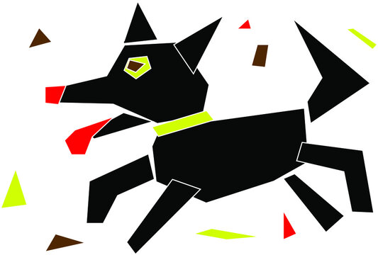 Funny black geometric dog in the children's applications style. Restricted color palette, vector.