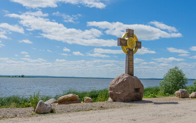 view of the worship cross in Rostov the Great near Lake Nero, photo taken on a sunny summer day