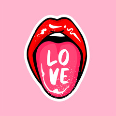 Tongue sticking out with love lettering inscription. Sexy Red lips vector illustration. Female Beautiful mouth