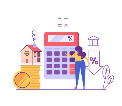 Mortgage Calculator Vector Illustration. Woman Counting Mortgage Percents For Low Rates. Interest Rates Dropping. Client Decrease Percent. Concept Of Credit Score, Buy House, Mortgage Loan