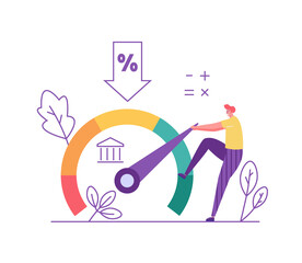 Credit Score. Man Increasing Credit Rating for Low Rates. Interest Rates Dropping. Client Decrease Percent. Concept of Credit Report, Banking Service, Mortgage Loan. Vector illustration for Web Design