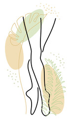 Silhouette of a lady's legs. The girl is slim and elegant. Nearby are green leaves. Suitable for advertising cosmetics. Vector illustration.
