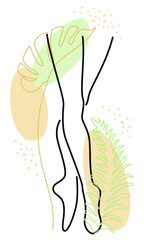 Silhouette of a lady's legs. The girl is slim and elegant. Nearby are green leaves. Suitable for advertising cosmetics. Vector illustration.