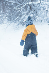 Fototapeta na wymiar little boy in warm outerwear walks along a snowy outdoor, back view, soft focus.