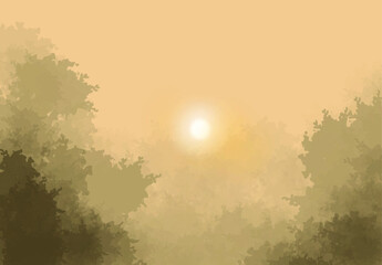 Landscape, vector drawing, art, morning, evening.