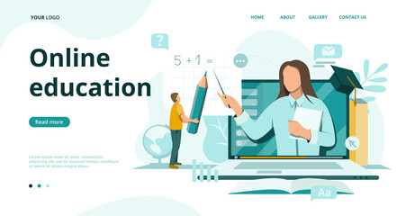 Online school and university education concept in flat style.Distance learning landing page template.E-Learning with kid character boy learn on laptop from home.Back to Digital School.Quarantine 