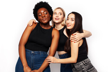 diverse multi nation girls group, teenage friends company cheerful having fun, happy smiling, cute posing isolated on white background, lifestyle people concept, african-american, asian and caucasian