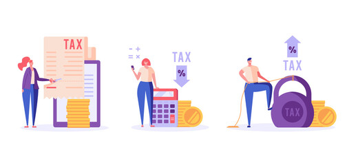 Successful people pay and count taxes. Tax time. Set of tax management, optimization, duty, financial accounting. Vector illustration in flat design for UI, banner, mobile app