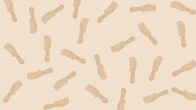 seamless looping animation with wooden bamboo combes that wiggle on a beige pastel background close-up