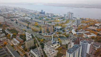 Samara, Russia.  Aerial panoramic view of russian city. View from the Drone, Flying over Point of interest