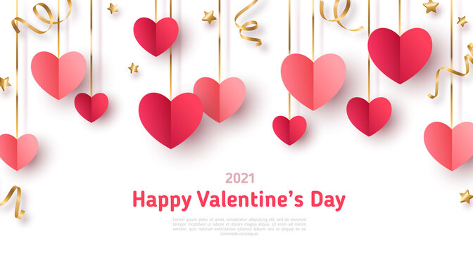 Happy Saint Valentine's day card, hanging red and pink paper cut hearts with gold streamers on white background. Place for text. Decorative holiday banner, festive poster, romantic flyer, brochure.