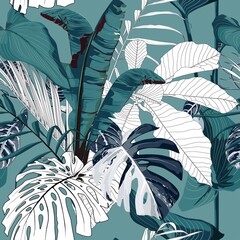 Fashionable seamless tropical pattern with tropical bananas monstera leaves on a vintage blue green background. Beautiful exotic plants. Trendy summer Hawaii print. Line stylish floral.