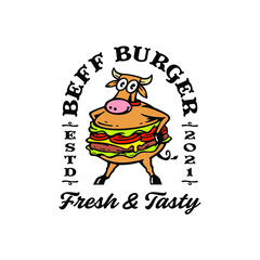 label mascot cow with burger combination. beef burger vector illustration