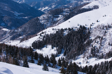 Snow-covered trees, mountains, rocks. Clear blue skies, fresh air and vacations.