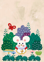 cute mouse character. Fairy tale character in a forest or garden. nursey poster, cover illustration for kids. Medieval character