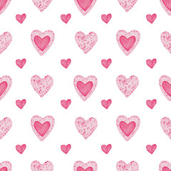 Watercolor seamless pattern with painted watercolor hearts.