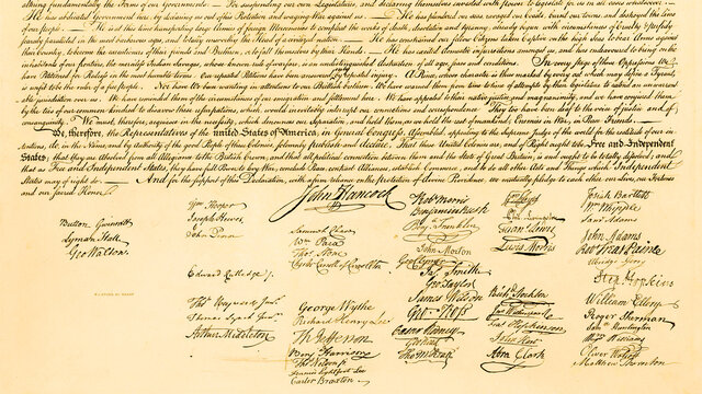 Signatures on the The United States Declaration of Independence, July 4th., 1776