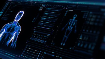 Perspective holographic futuristic Interface showing analysis of human male anatomy scan with rotating skeleton and body heat transfer. Near future of medicine and healthcare. - Powered by Adobe