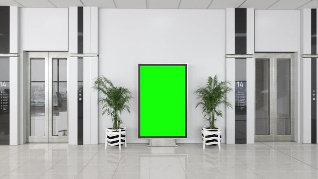 Modern Office Or Hotel Entrance With Blank Billboard, Potted Plants And Elevators