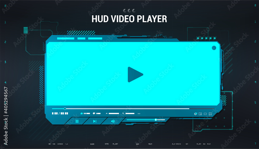 Aufkleber hi-tech video player in hud style. blue digital mockup media player for app, ui, ux, web design and 