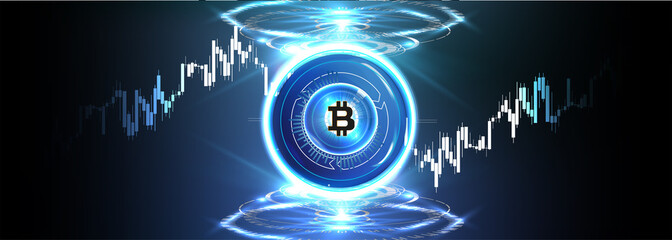Forex, stock market trading chart vector banner; business finance abstract background. Crypto Currency Bitcoin On Blue Background Digital Web Money Modern Technology Banner