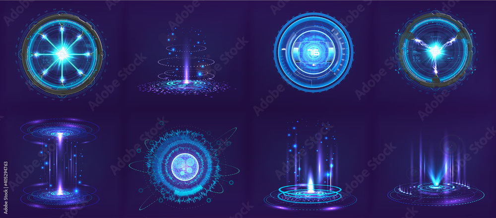 Poster Sci-fi futuristic gadgets and devices in HUD style. Circle digital 3D elements for UI, GUI, VR and other. Hi-tech abstract elements - spheres, futuristic gadgets, holograms and other digital elements