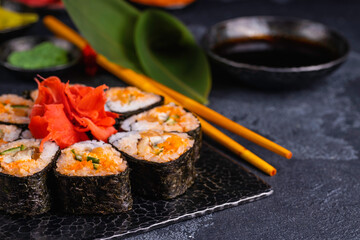 Fresh and delicious sushi rolls. Japanese traditional seafood.