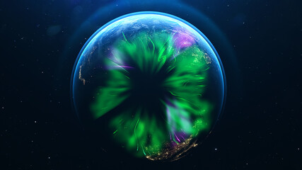 Polar Lights planet Earth from space. 4K rotating animation. Clip contains space, planet, galaxy, stars, cosmos, sea, earth, globe. 3D Render animation. Images from NASA